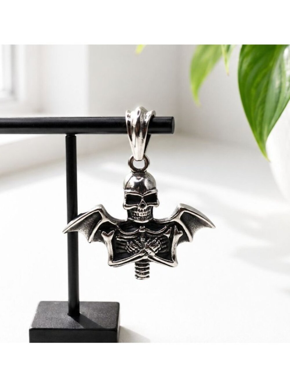 Winged Skull Pendant Stainless Steel 316L Gothic Antique-Style Charm 4.5cm X 4cm